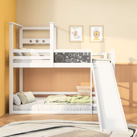 Letto a castello per bambini 90x200cm, 2 posti, struttura letto, con sponda di sicurezza e tavolo da disegno, scaletta contenitore, rete a doghe in legno, adatto per adolescenti e adulti - Bianco (1/5)