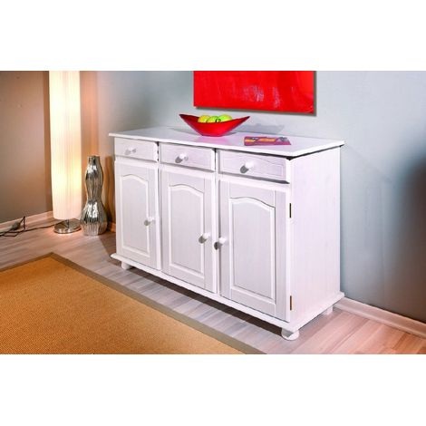 Buffet mit 3 Türen und 3 Schubladen aus weiß wasserlackierter massiver Kiefer 130x43x87h cm (1/5)