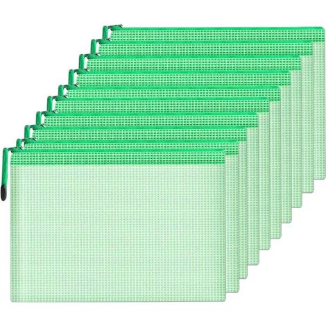 Set di 10 sacchetti in rete trasparente con cerniera, impermeabili, trasparenti - Adatti per l'uso quotidiano in casa e per la gestione dei documenti in ufficio - Verde (1/5)
