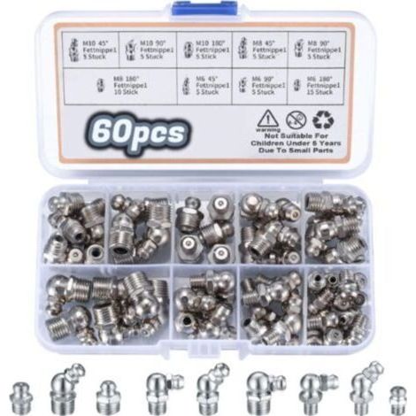 60 Pièces Assortiment de Graisseurs, Filetés de Graissage, M6 M8 M10 Raccords de Graisse, Raccords Filetage Mâle Graisseurs droit/45°/90° pour Équipement Mécanique graisseur a Visser