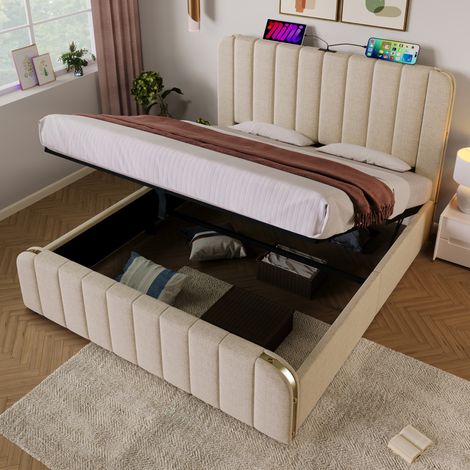Cama con baúl 140x190 cm con cabecero con almacenaje, USB y Type-C, de lino, beige, sin colchón (1/5)
