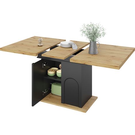 ELVMI Mesa de Comedor Extensible para 2 a 6 Personas con Armario de Almacenaje y Puerta, MDF y Metal, 110-140 x 80 x 76 cm, Negro Natural (1/5)