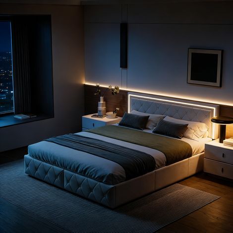 Lit adulte/ado 160x200 cm avec tête de lit LED, 4 tiroirs, similicuir beige, style minimaliste