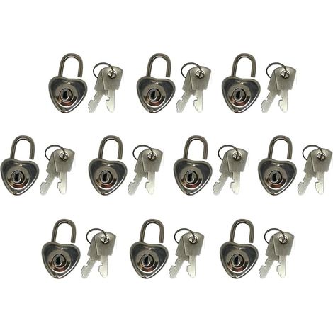 Set mit 10 niedlichen, herzförmigen Mini-Vorhängeschlössern im Vintage-Stil mit Schlüsseln für Tagebücher, Schmuckkästchen, Gepäckstücke, Koffer (silber) (1/5)