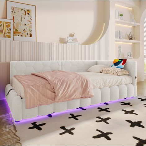 Letto daybed moderno 90x200 cm in velluto bianco con testiera, rete a doghe, vano contenitore idraulico, LED, USB e Type-C (1/5)