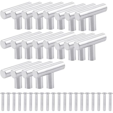Lot de 20 poignées de meubles de cuisine en acier inoxydable brossé en forme de T avec vis, boutons de cuisine en acier inoxydable pour tiroirs, placards, placards, décoration d'intérieur (argent) TON (1/5)