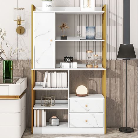 Bücherregal weiß-gold in Holzwerkstoff mit Marmoreffekt, Schubladen, Schrankfächern und offenen Regalen (1/5)