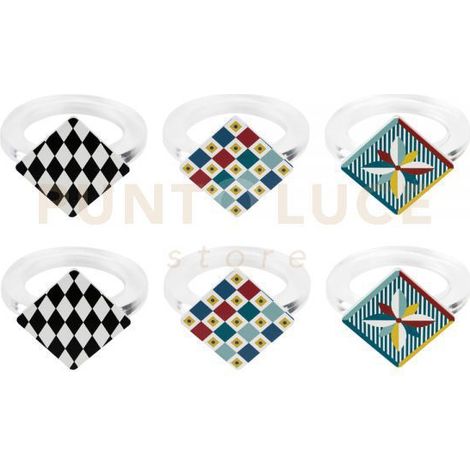 KIT ALLACCIA 6 ANELLI FERMA TOVAGLIOLI ROMBO IN CRISTALLO ACRILICO DECORATO FOULARD