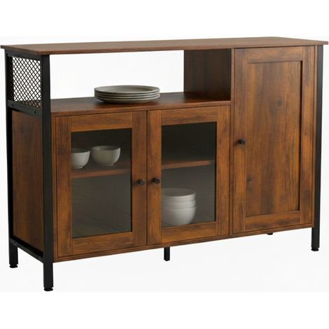 Armadio da cucina Relaxdays con ante in vetro, HLP: 75 x 110 x 33 cm, credenza, stile industriale, marrone scuro/nero