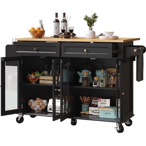 ELVMI Carrello da Cucina con Cassetto, Ripiani, Ante in Vetro e 5 Ruote, Piano Estensibile, Nero (1/5)
