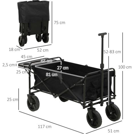 Chariot jardin 4 roues pliable bâche amovible, poignée télescopique inclinaison plateau pliable noir (1/5)