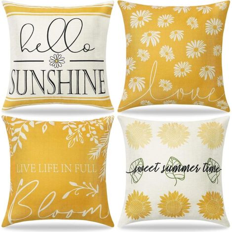Lot de 4 housses de coussin en lin jaune marguerite tournesol Taie d'oreiller 45x45cm Décoration intérieure et extérieure (1/4)