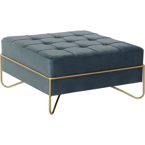 Banquette en métal et velours coloris bleu et pieds doré - Longueur 80 x Profondeur 80 x Hauteur 42 cm -PEGANE- (1/4)