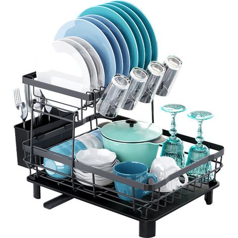 Egoutoire Vaisselle Cuisine, Égouttoir Vaisselle en Acier Inoxydable avec Porte-Gobelets et Porte-Ustensiles, Noir Séchoir à Vaisselle Rangement Vaisselle avec Vidange Automatique