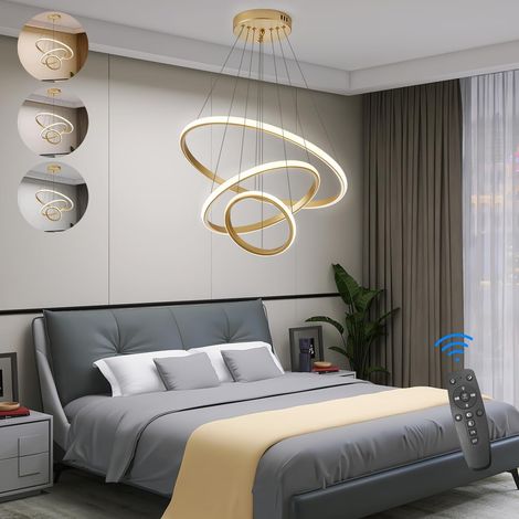 1 Lustre 3 Anneaux, Dimmable, Led 45W, Acrylique, Or, Salon Chambre