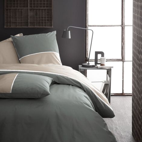 Parure de lit 3 pièces 260x240 cm percale tricolore sauge et beige