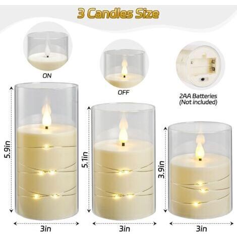 NALOOKAMIC Bougies LED ivoire, à piles, avec guirlande lumineuse intégrée, 3 bougies sans flamme, minuterie 24 heures (piles non incluses)