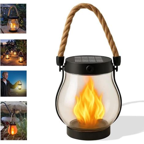 Solar Laterne für den Außenbereich (1 Stück) 12 × 13 cm Solar Laterne mit tanzender Flamme Laterne aus Hanfseil für Camping, Terrassen, Gärten, P (1/5)