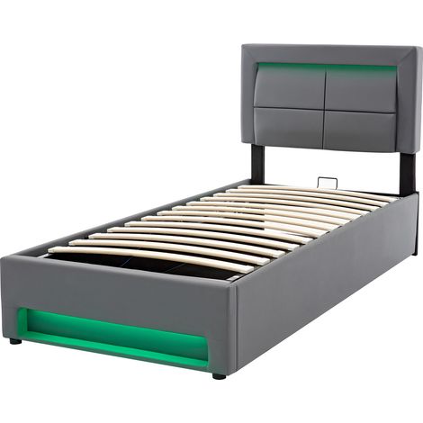 Cama tapizada 90 x 200 cm con USB, LED y almacenamiento, PU gris, sin colchón (1/5)