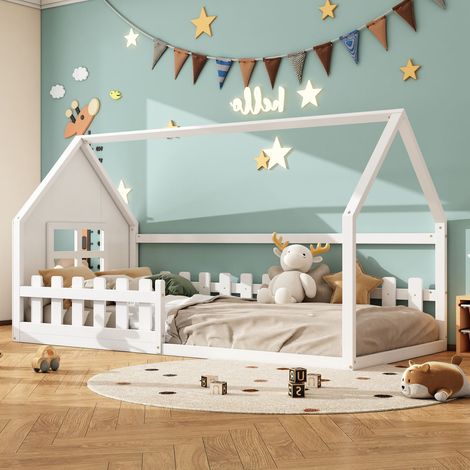 Lit enfant 90 x 200 cm blanc lambris plateau design épuré (1/5)