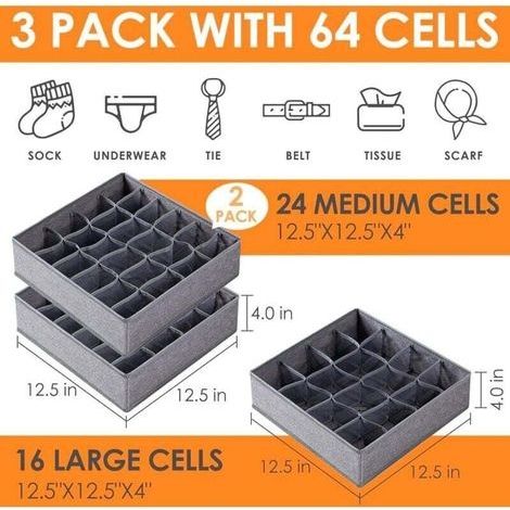 3er-Pack Socken- und Unterwäsche-Trennwände, 64 Fächer, faltbarer Aufbewahrungsorganizer aus Stoff für Socken, Unterwäsche und Krawatten (16+24+24 Fächer, Grau) (1/3)