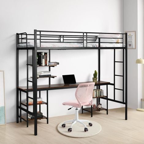 Eggree – Lit Mezzanine 90x200 cm Métal Bureau 3 Étagères 2 Echelles Superposé Enfants Adultes Lattes Métal Garde-Corps Style Industriel Noir (1/5)