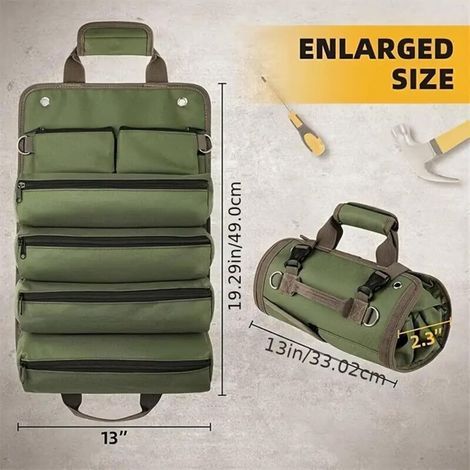 Sac de rangement pour outils, organiseur robuste enroulable avec pochettes amovibles, sac de rangement pliable et portable pour mécanicien et bricoleur, vert,Green (1/4)