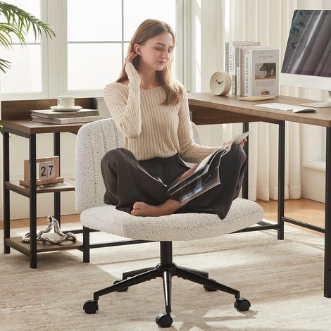 Drehstuhl mit Kreuzgelenken, feststellbaren Rollen, hochwertigem Stoffbezug und Taschenfederkern, verstellbar, breite Sitzfläche, Computerstuhl, modernes Design, Schminkstuhl, Weiß