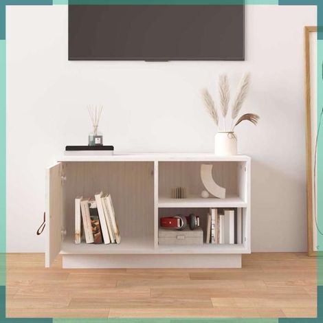 818236 Meuble TV Blanc 70x34x40 cm Bois de pin massif (1/5)