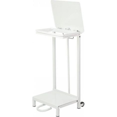 Support roulant acier blanc pour sacs poubelle sur pied, avec pédale (1/3)