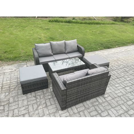 Fimous 7 places Salon de jardin exterieur avec Table basse rectangulaire 2 Grand tabourets Gris foncé mixte (1/5)