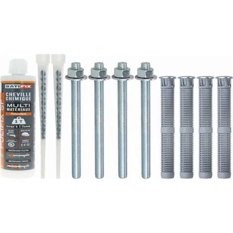 Kit de scellement chimique 165mL – Prêt à l'emploi pour éléments lourds jusqu'à 4 tonnes – 4 tamis et 4 tiges filetées inclus – Batifix (1/4)