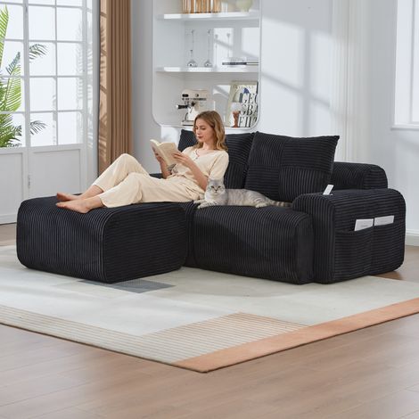 Canapé modulaire velours côtelé 2 personnes avec tabourets combinable librement porte-gobelet sac rangement latéral salon familial noir (1/5)
