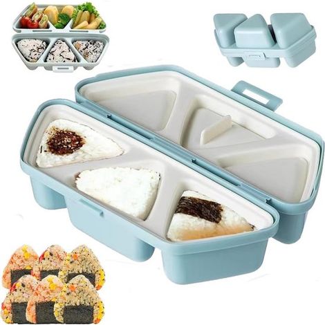 Moule à sushi et onigiri 6-en-1, moule triangulaire pour boulettes de riz, avec cuillère, pour boîte bento, pique-nique et déjeuner, bleu (1/5)