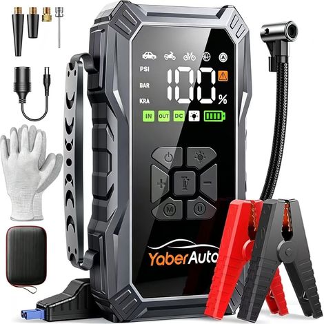 Booster Batterie Voiture avec Compresseur D'Air 150PSI, 6000A Booster Batterie Voiture Puissant (Tous Gaz/Diesel 10L) Démarreur avec Charge Rapide 18W, DC 150W LED 4 Modes 3,3 Grand Écran (1/5)
