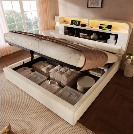 Lit double 140x200 cm avec tête de lit réglable, LED, USB/Type-C, velours beige (1/5)