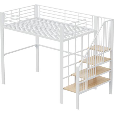 Cama alta 140 x 200 cm de metal blanco con escalera y espacio de almacenaje debajo (1/5)