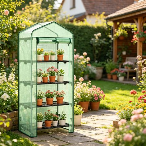Serre à tomates sur roulettes, petite serre de jardin avec étagères, porte enroulable, mobile et pratique (serre seule) (1/5)