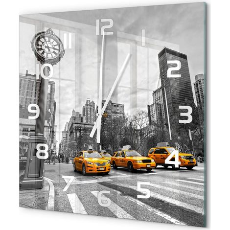 Grande Horloge Murale Carrée Élégance Contemporaine Verre Trempé Silencieuse Taxis de New York 60x60 cm (1/5)