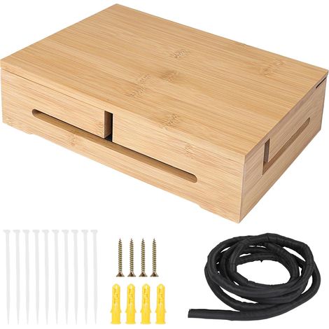 Boîte de Gestion des Câbles en Bambou 32×22×11 cm, Bambou Cable Management Bureau avec Couvercle Magnétique, Boite Rangement Câbles, Boite Cache Cable pour TV Chargeurs et Multiprises (1/5)