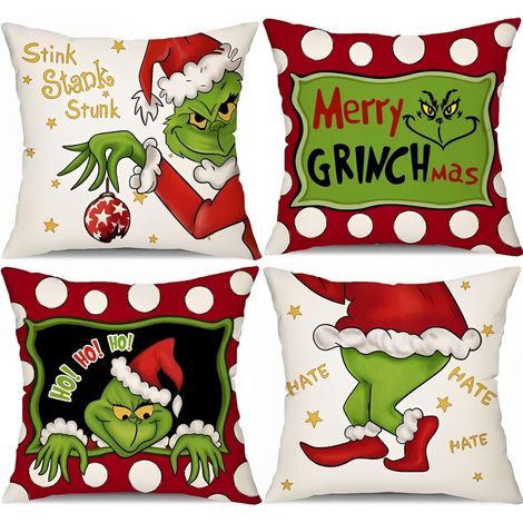 Christmas The Grinch Pillow Covers 18x18 Throw Pillow Cases Christmas Pillowcases Square Pillowcase for Sofa Couch Bedroom Outdoor Indoor Home Decorations Linen Cushion Covers,4pcs (1/5)