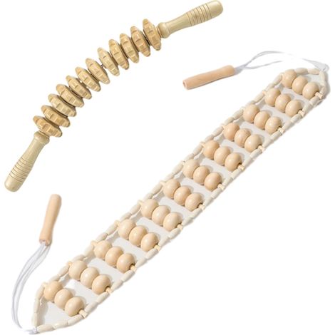 Massage Roller Stick - Bois De Hêtre Courbé 42 cm - Kit Maderoterapia Avec Corde À Masser 110 cm - Pour Drainage Lymphatique Et Automassage Corps - 2 Pièces (1/5)