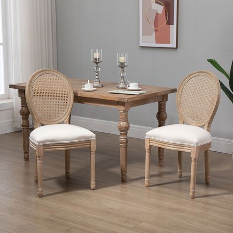 Ensemble de 2 chaises pour salon au style vintage avec dossier ajouré, en bois et tissu, 49x56x96 cm, blanc crème (1/5)