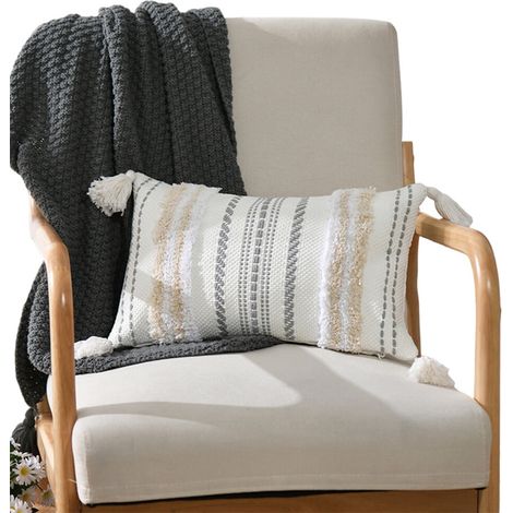 Housse de Coussin Décorative 30x50 cm, 1 Pièce, Tissée Touffetée Douce Peluche avec Pompons, Rayures Grises, pour Canapé et Lit (1/5)