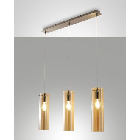Lampada a Sospensione Sintesi in Metallo e Vetro Soffiato Ambra, 3x E27, Design Moderno ed Elegante per Illuminazione d'Interni IP20