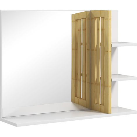 Miroir mural bambou blanc salle de bain 45x15x58,5 cm avec 3 tablettes latérales et 1 étagère inférieure (1/5)