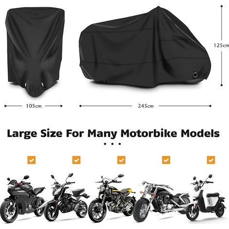 Funda impermeable y resistente a los rayos UV para motocicleta, apta para uso exterior. Fabricada en poliéster 210D, mide 245 x 105 x 125 cm. (1/4)
