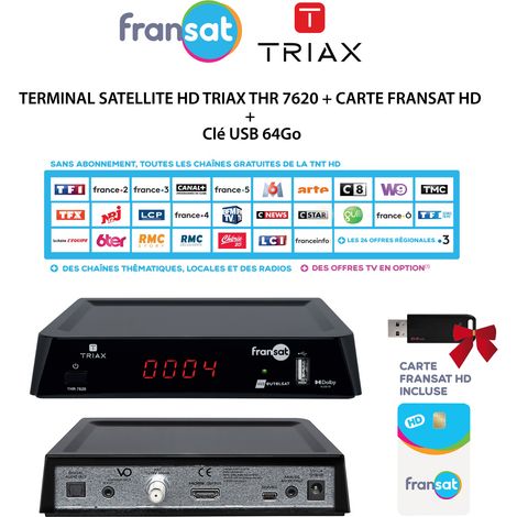 Pack Récepteur Décodeur Terminal Satellite HD TRIAX THR 7620 + Carte FRANSAT HD + Clé USB 64Go (1/3)