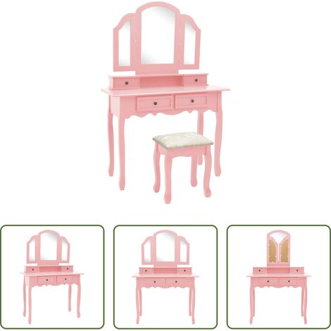 Schminktisch mit Hocker -  Schminktisch-Set mit Hocker Rosa 100x40x146 cm Paulownia-Holz (1/5)