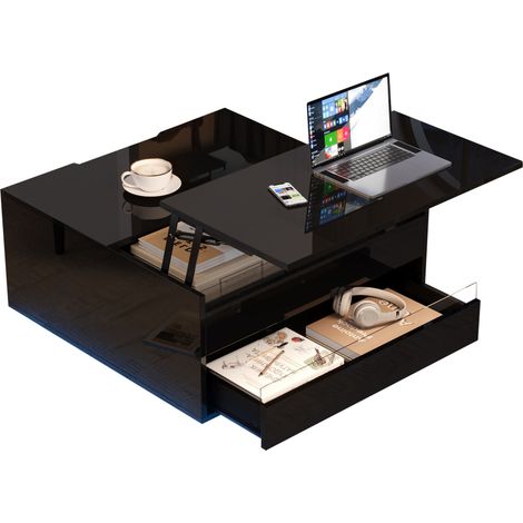 CAIziTable basse relevable LED 70x70x38 cm, 1 tiroir, rangement noir (1/5)